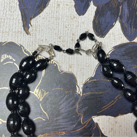 Vintage 40s 1940s Double Strand Faceted Black Beaded Chunky Choker Necklace D2 - Picture 3 of 10